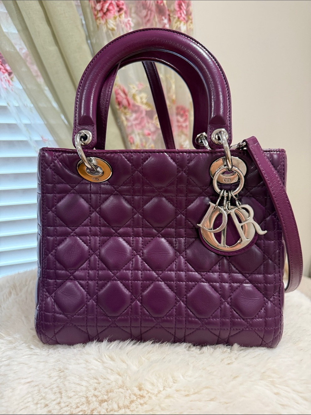 Dior Purple Quilted Lady Dior Satchel with Silver Hardware